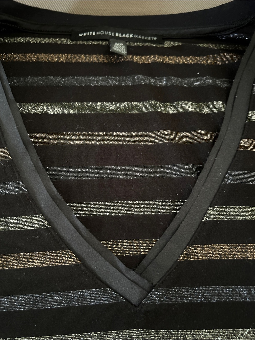 White House Black Market Black V-Neck Top with Metallic Stripes